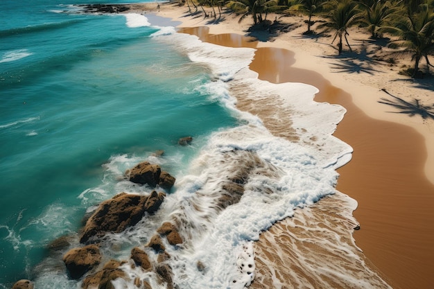 Vista superior de paisajes de hojas de palma y olas de playa de arena tomadas con drones