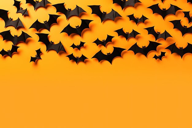 Vista superior de una pancarta de Halloween con murciélagos negros sobre un fondo naranja Materiales promocionales para las vacaciones