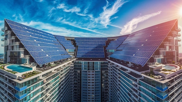 Vista superior de los paneles solares azules en el techo de un edificio de apartamentos altos