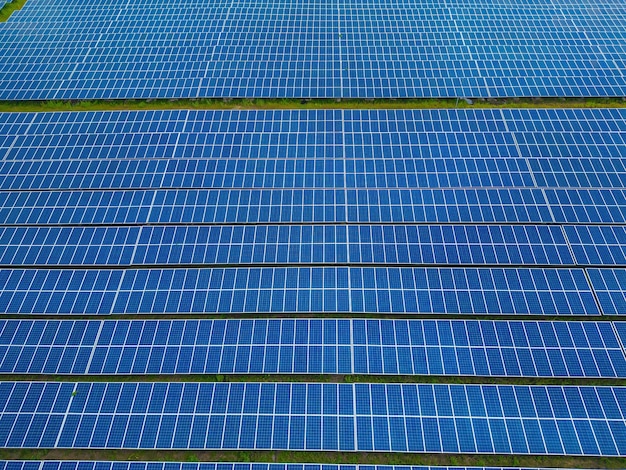 Vista superior de los paneles solares en la granja Fuente alternativa de electricidad Los paneles solares absorben la luz solar como fuente de energía para generar electricidad creando energía sostenible