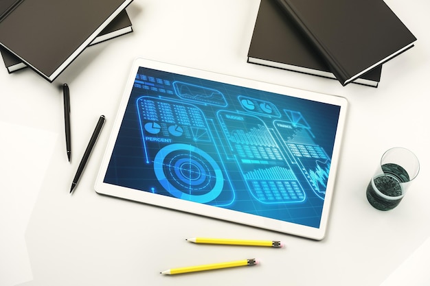 Vista superior de la pantalla de tableta digital moderna con análisis de hoja de cálculo de datos de análisis creativo abstracto y concepto de análisis Representación 3D