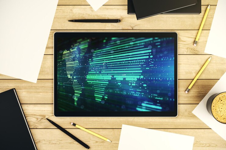 Foto vista superior de la pantalla de la tableta digital moderna con un mapa del mundo gráfico abstracto grandes datos y concepto de red representación 3d