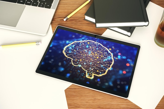 Vista superior de la pantalla de tableta digital moderna con microcircuito cerebral humano creativo Tecnología futura y concepto de IA Representación 3D