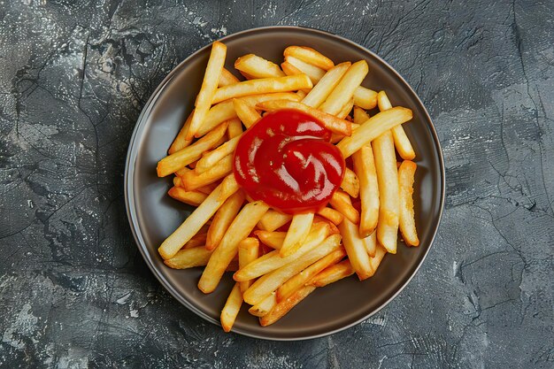 vista superior de las papas fritas con ketchup en el plato