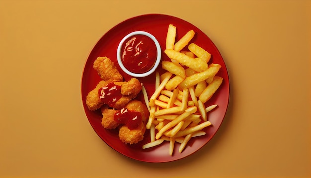 Vista superior de papas fritas sabrosas y nuggets de pollo crujientes con ketchup con tecnología Generative AI