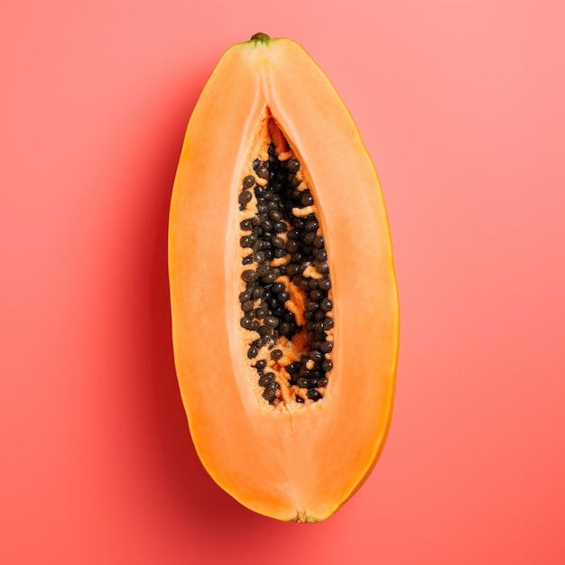 Vista superior de papaya madura medio cortada sobre fondo de color rosa IA generativa