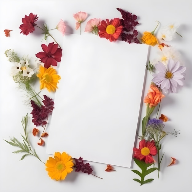 Vista superior de un papel en blanco y flores de colores decoradas
