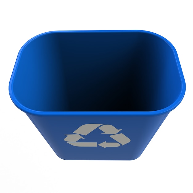 Vista superior de la papelera de reciclaje azul sobre un fondo blanco, representación 3D