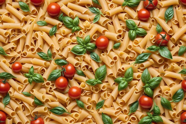 Vista superior de la pasta con ingredientes como tomates y albahaca dispuestos