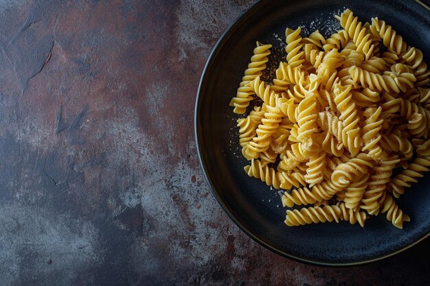 Foto vista superior pasta italiana saborosa pasta em espiral cozinhada incomum em uma mesa de madeira cinzenta