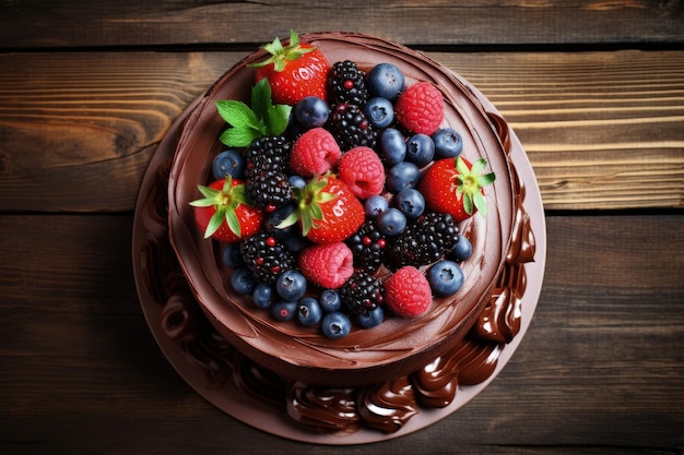 Vista superior de un pastel de chocolate casero con bayas frescas sobre una mesa de madera