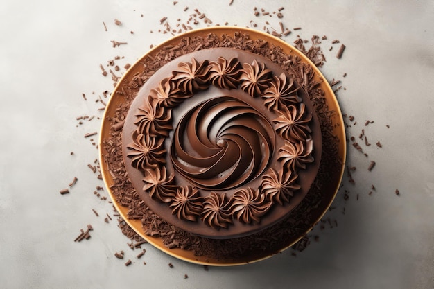 Vista superior de un pastel de chocolate horneado redondo decorado con rizos de chocolate Ilustración generativa de IA