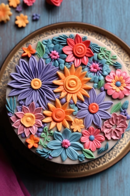 Vista superior de un pastel del día de la madre con glaseado colorido y decoraciones creadas con ai generativo
