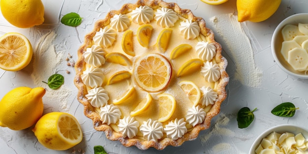 Vista superior del pastel de merengue de limón pastel dulce perfumado Lugar para el texto IA generativa