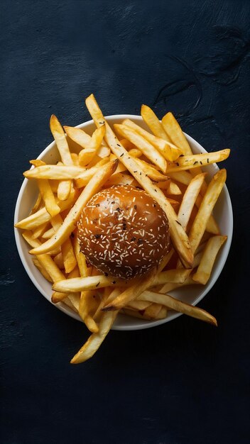 Foto vista superior patatas fritas deliciosas con condimentos en un plato de fondo oscuro comida de patata comida rápida bur