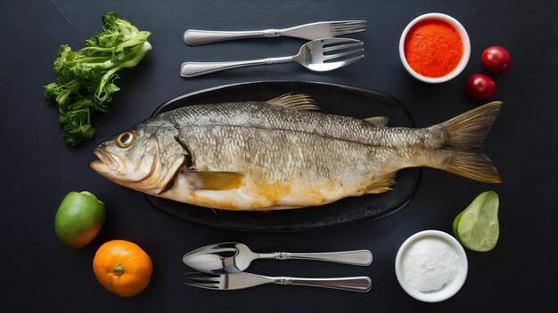 Vista superior peixe cozido saboroso com legumes frescos e talheres em uma mesa escura