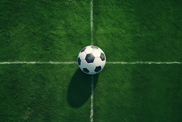 Vista superior de la pelota de fútbol en el campo de hierba verde