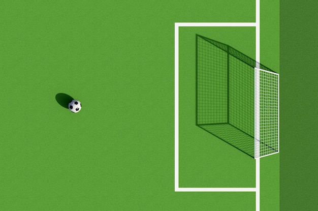 Foto vista superior de la pelota de fútbol fútbol en la línea del campo de fútbol estilo gráfico colorido renderizado en 3d