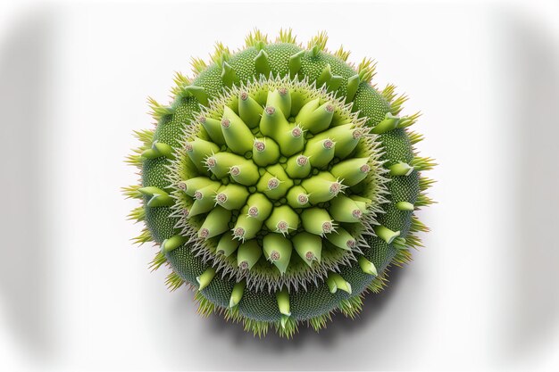 Vista superior de un pequeño cactus de plástico suculento en primer plano sobre un fondo blanco