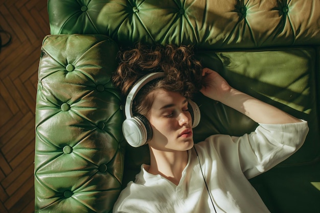 Foto vista superior de una persona acostada en un sofá de cuero verde con auriculares disfrutando de música