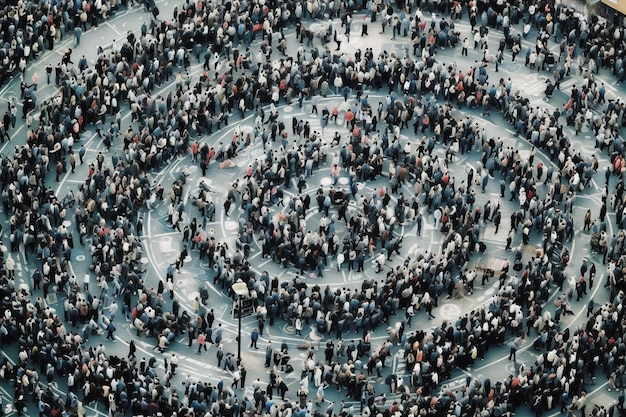 Vista superior de personas caminando en círculos alrededor del centro de la ciudad Concepto de oración de los cultistas