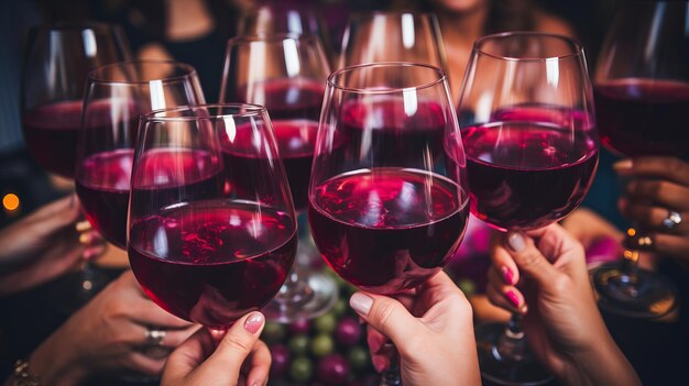 Vista superior de personas celebrando con copas de vino en un concepto de atmósfera festiva de fiesta