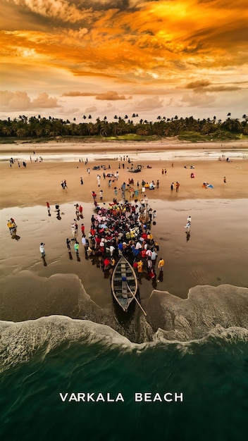 Foto vista superior de personas cerca de un barco en la arena de la playa de varkala