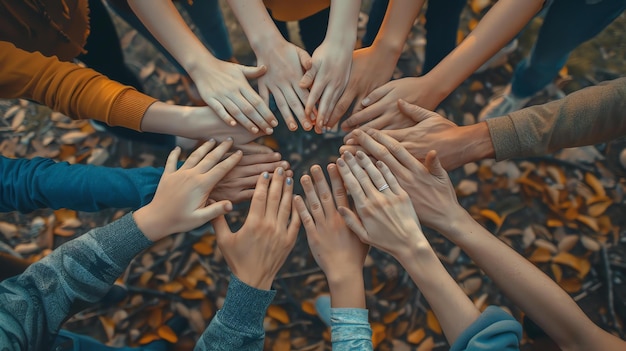 Vista superior de personas diversas que unen sus manos sobre las hojas caídas en el bosque Concepto de unidad y trabajo en equipo