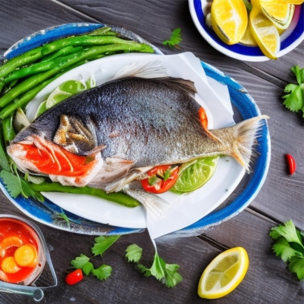 Vista superior pescado cocinado sabroso con verduras frescas en una mesa oscura