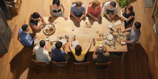 vista superior pessoas olhando para baixo na mesa pessoas de pé ao redor da mesa