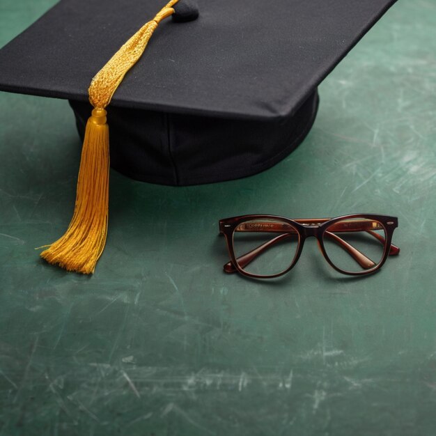 Vista superior de la pizarra con gorra académica y gafas