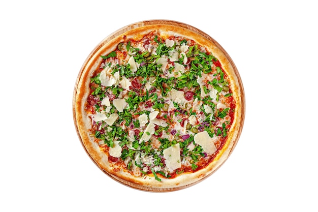 Foto vista superior pizza delgada redonda