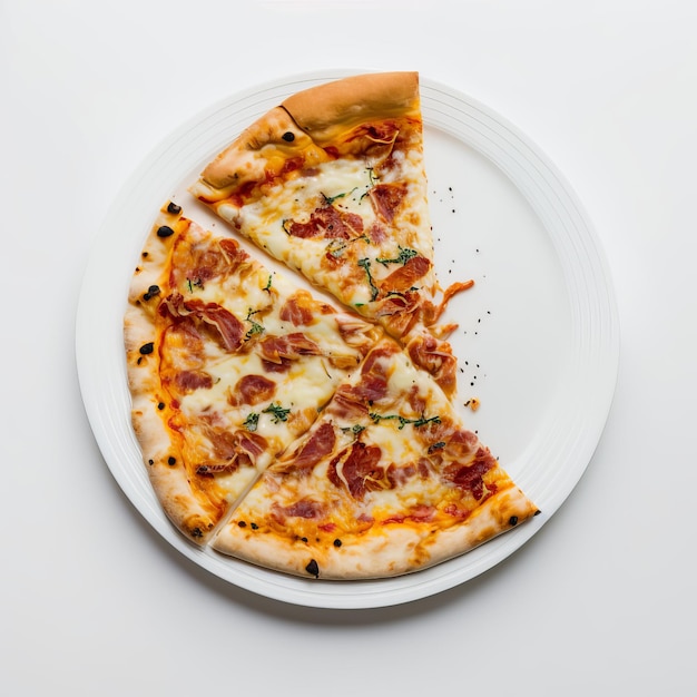 Vista superior de pizza de tocino con albahaca y queso sobre fondo blanco.