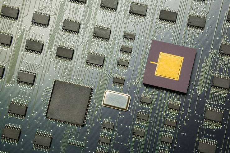Foto vista superior de la placa electrónica con procesador de cpu y chips electrónicos