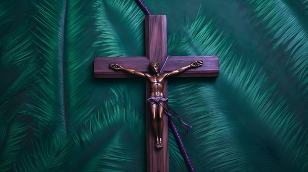 Vista superior plana de crucifijo de cruz de madera con tela de cinta púrpura violeta con espacio de copia