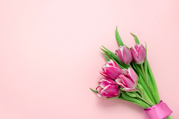 Vista superior plana pone lindos tulipanes rosados con cinta de seda en un rosa suave