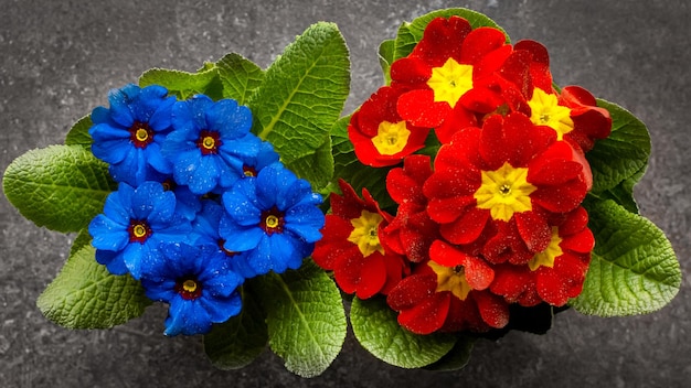 Vista superior de la planta casera con flores azules y rojas