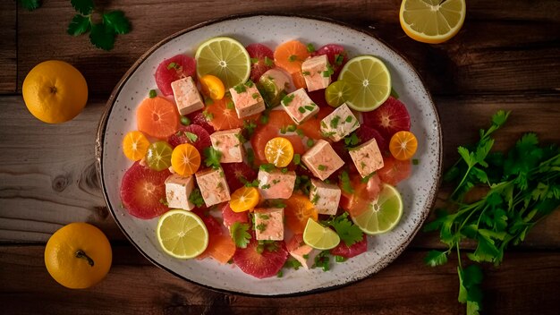 Vista superior de un plato de ceviche de tofu en la mesa de madera Concepto de comida vegana