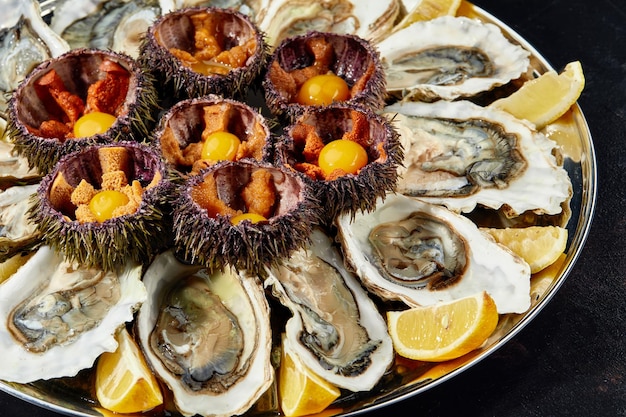 Vista superior del plato de mariscos mariscos ostras erizo de mar y salsa balsámica