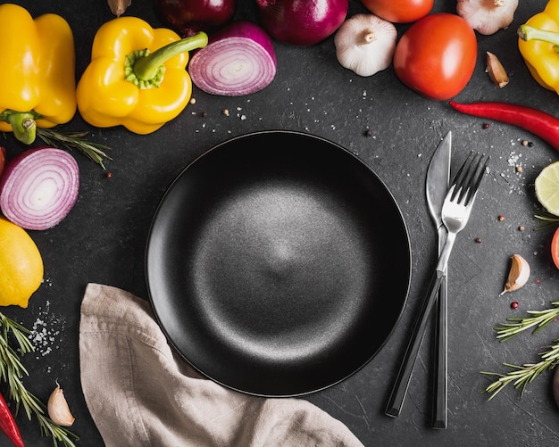 Vista superior del plato negro vacío entre verduras frescas, hierbas y especias en la mesa negra El concepto de comida saludable