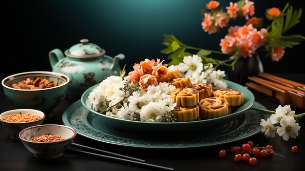 Foto vista superior de un plato de pasteles chinos de luna junto con una taza de té oolong de fondo azul cian