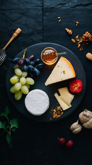 Vista superior de un plato de queso sabroso con frutos, nueces de uva y miel en un plato circular de cocina en el b