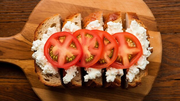 Foto vista superior del plato con rebanadas de pan untadas con queso cottage y tomates sobre un fondo de madera