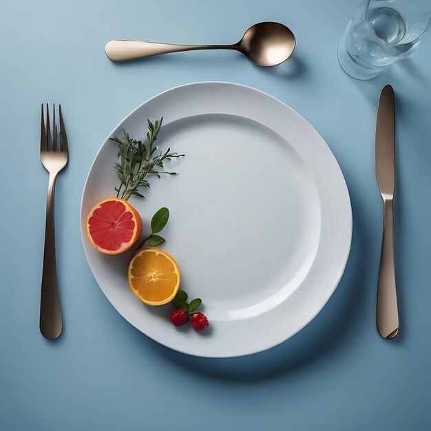 Vista superior plato redondo vacío de color oscuro en el fondo azul plato de color de cocina cubiertos de vidrio