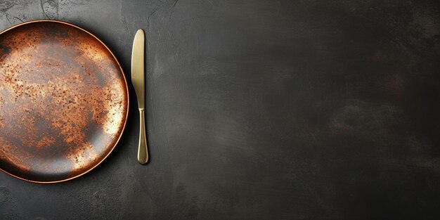 Foto vista superior de un plato vacío con cubiertos en un fondo de hormigón oscuro