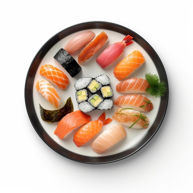 vista superior un plato varios sushi