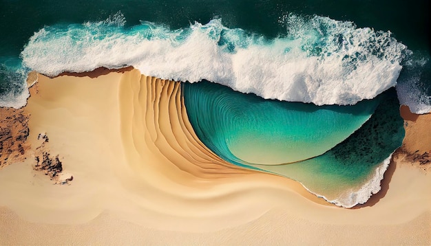 Vista superior de la playa de arena con el océano y las olas visibles al fondo