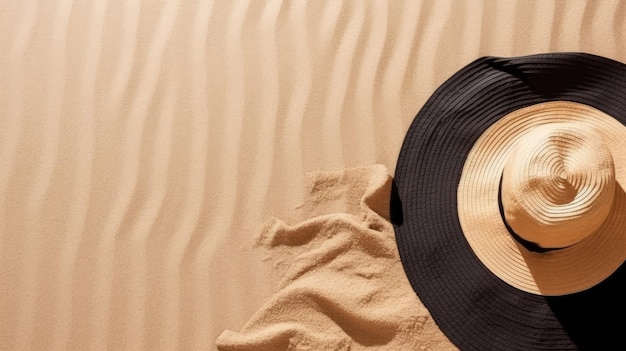 Vista superior de la playa de arena con sombrero para el sol y toalla con tecnología Generative AI