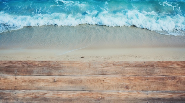 vista superior de la playa de arena en vieja tabla de madera en fondo de pintura de mar azul concepto de vacaciones de verano