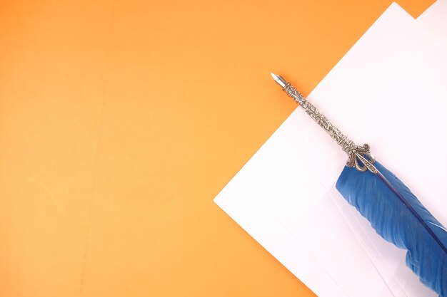 Foto vista superior de la pluma estilográfica sobre fondo naranja.